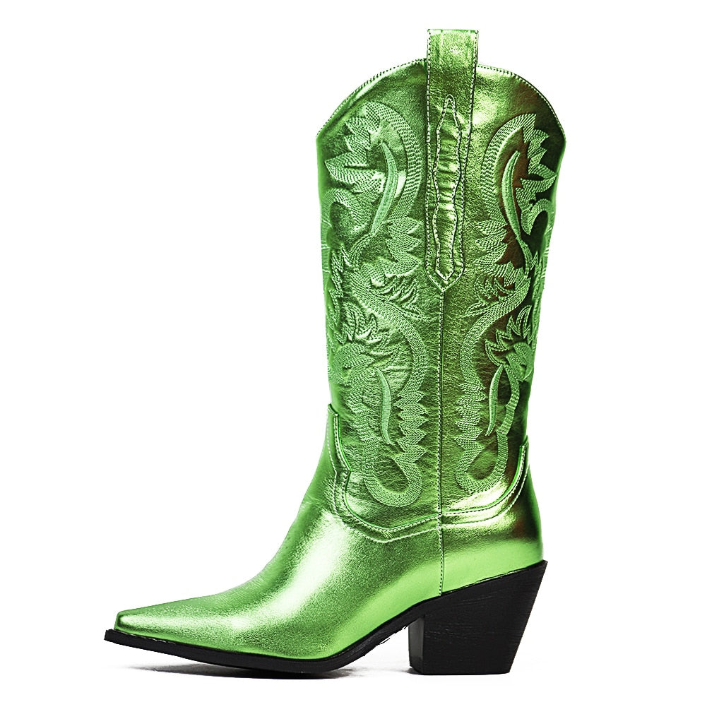 Metallic Cowboy Boots For Women Pointed Toe Stacked Heeled Mid Calf STYLE SOURCE