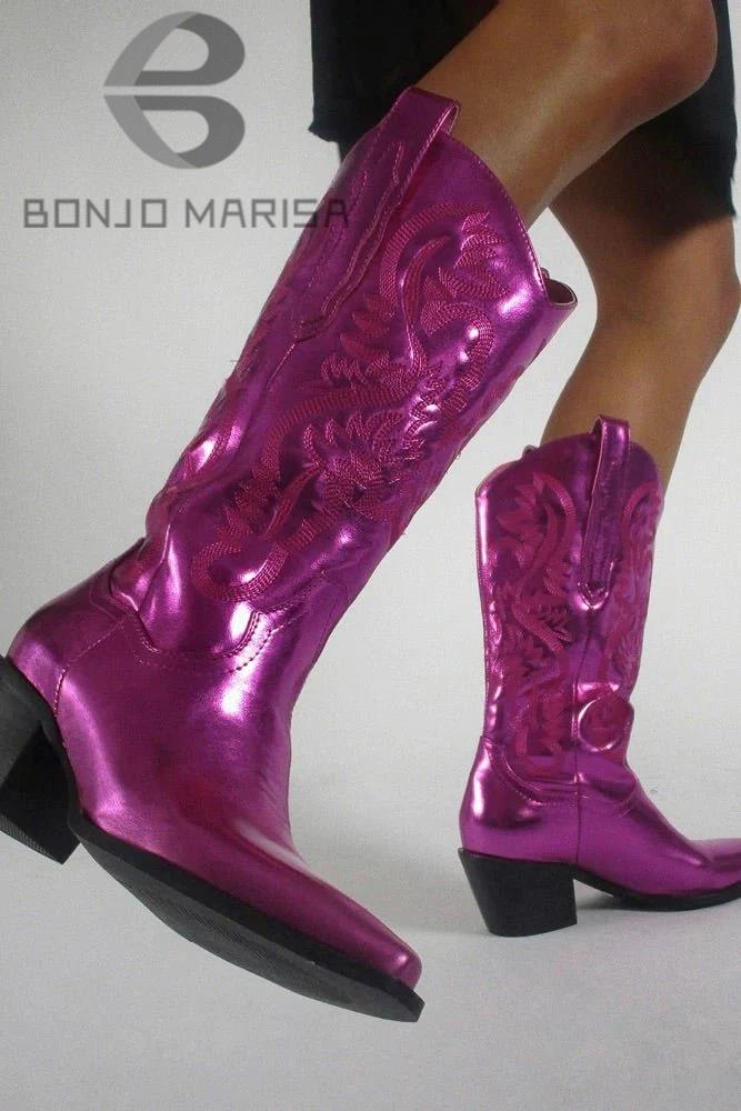 Metallic Cowboy Boots For Women Pointed Toe Stacked Heeled Mid Calf STYLE SOURCE