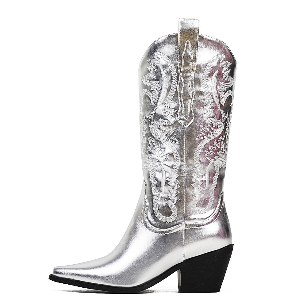 Metallic Cowboy Boots For Women Pointed Toe Stacked Heeled Mid Calf STYLE SOURCE