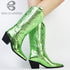 Metallic Cowboy Boots For Women Pointed Toe Stacked Heeled Mid Calf STYLE SOURCE