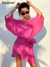 Summer Dress 2023 Fashion Hot Pink Loose Casual Breathable V-Neck Above Knee Length Dresses Women Cotton Linen Beach Dress STYLE SOURCE