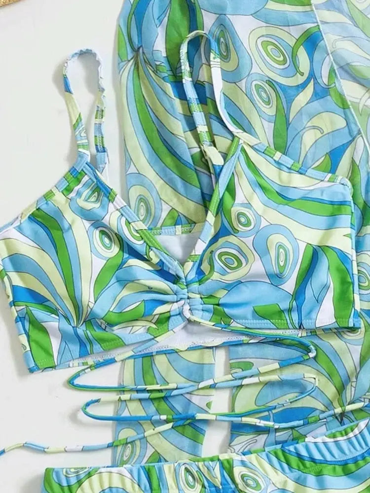 2023 Tropical Allover Print Bikini with Cover Up for Women STYLE SOURCE