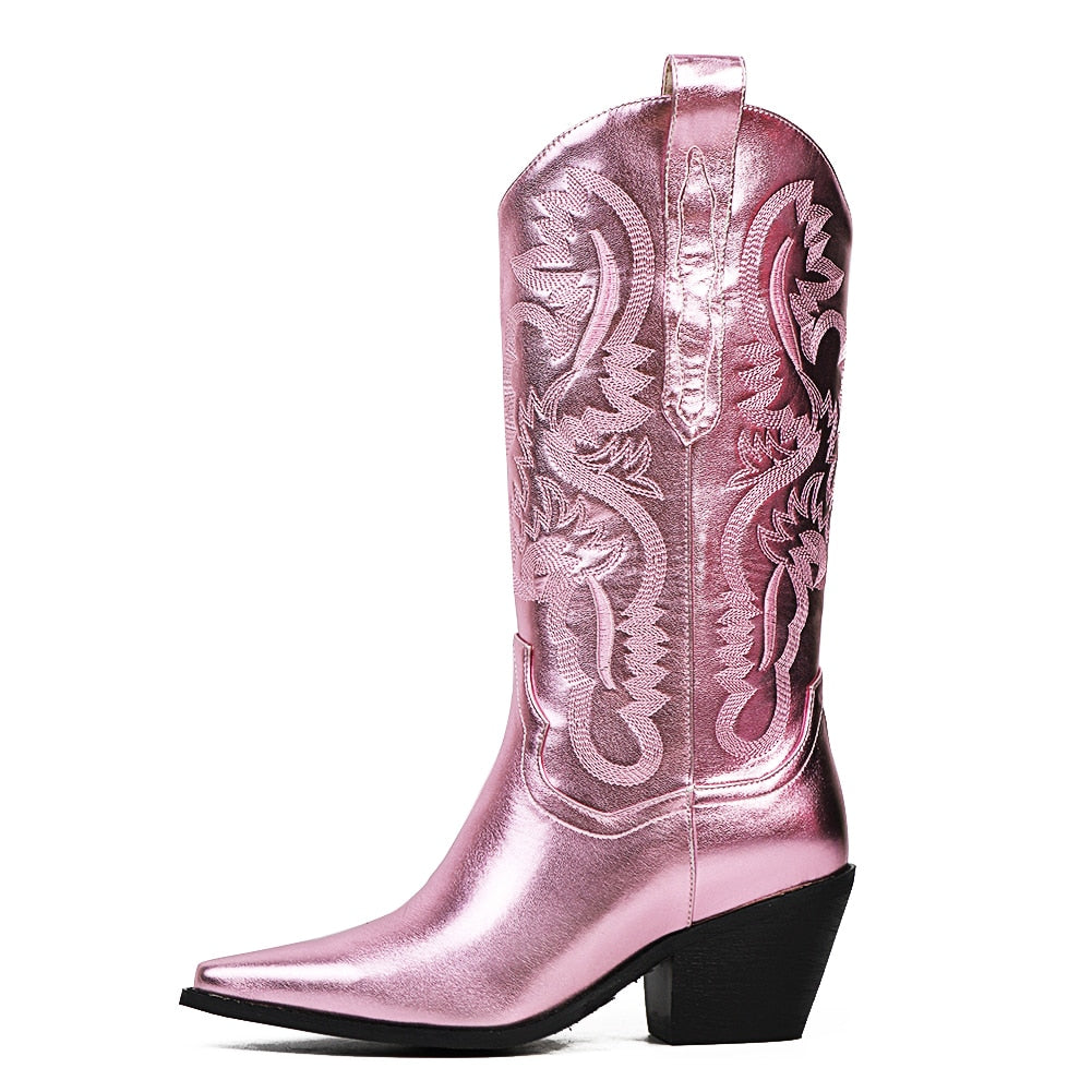 Metallic Cowboy Boots For Women Pointed Toe Stacked Heeled Mid Calf STYLE SOURCE