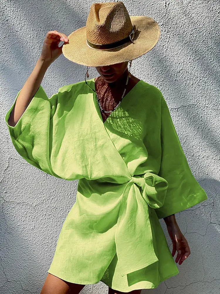Summer Dress 2023 Fashion Hot Pink Loose Casual Breathable V-Neck Above Knee Length Dresses Women Cotton Linen Beach Dress STYLE SOURCE