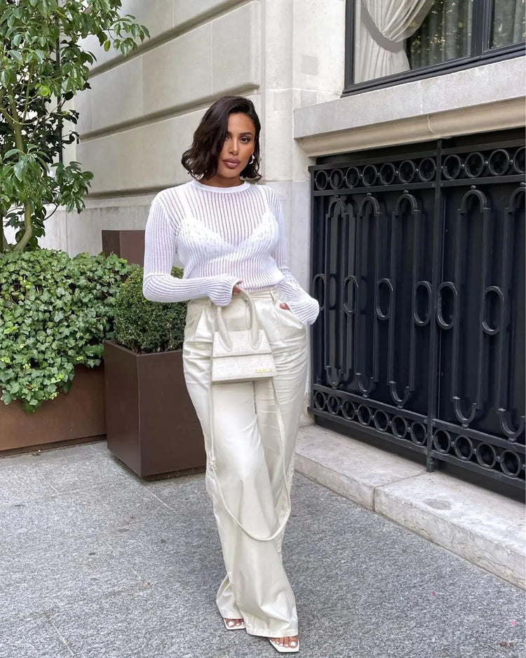 White Elegant Striped See Through Tops Long Sleeve T-Shirts STYLE SOURCE
