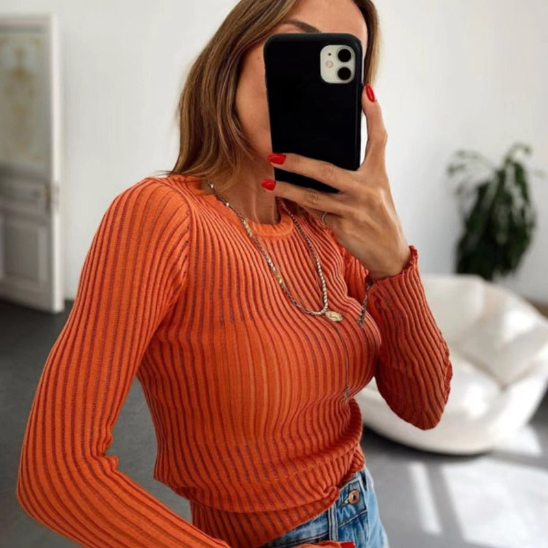 White Elegant Striped See Through Tops Long Sleeve T-Shirts STYLE SOURCE