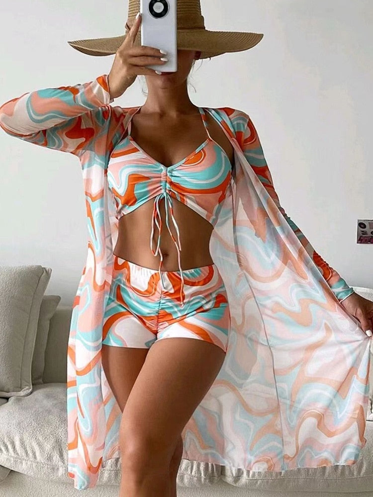 2023 Tropical Allover Print Bikini with Cover Up for Women STYLE SOURCE