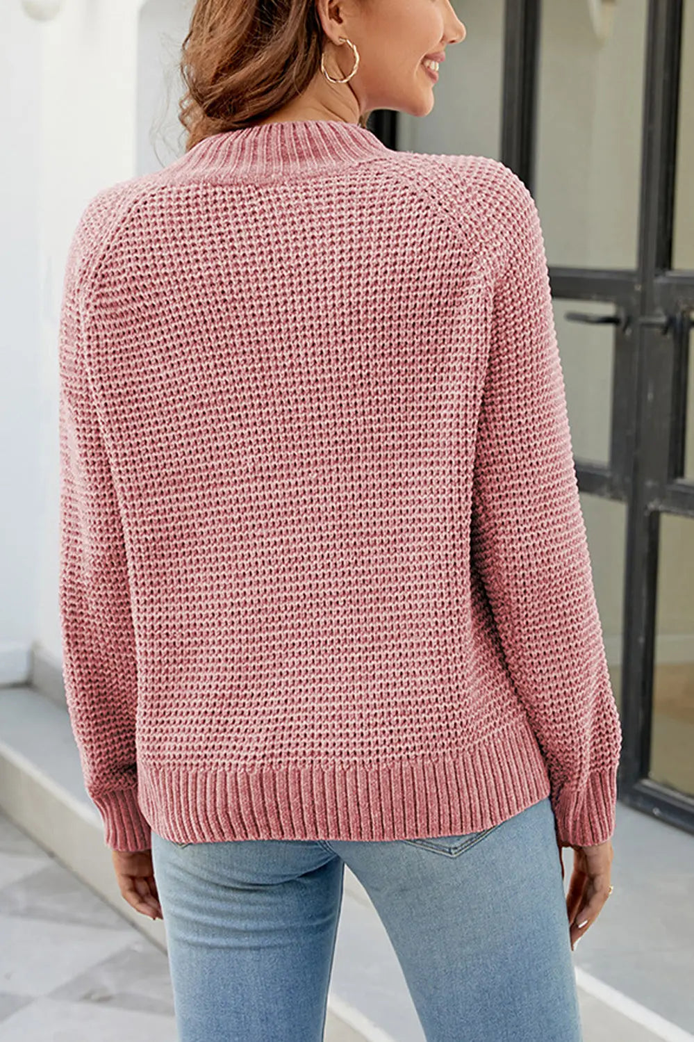 Waffle-Knit Round Neck Reglan Sleeve Sweater STYLE SOURCE