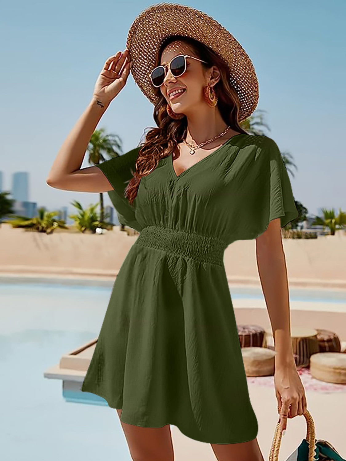 Smocked V-Neck Short Sleeve Dress STYLE SOURCE