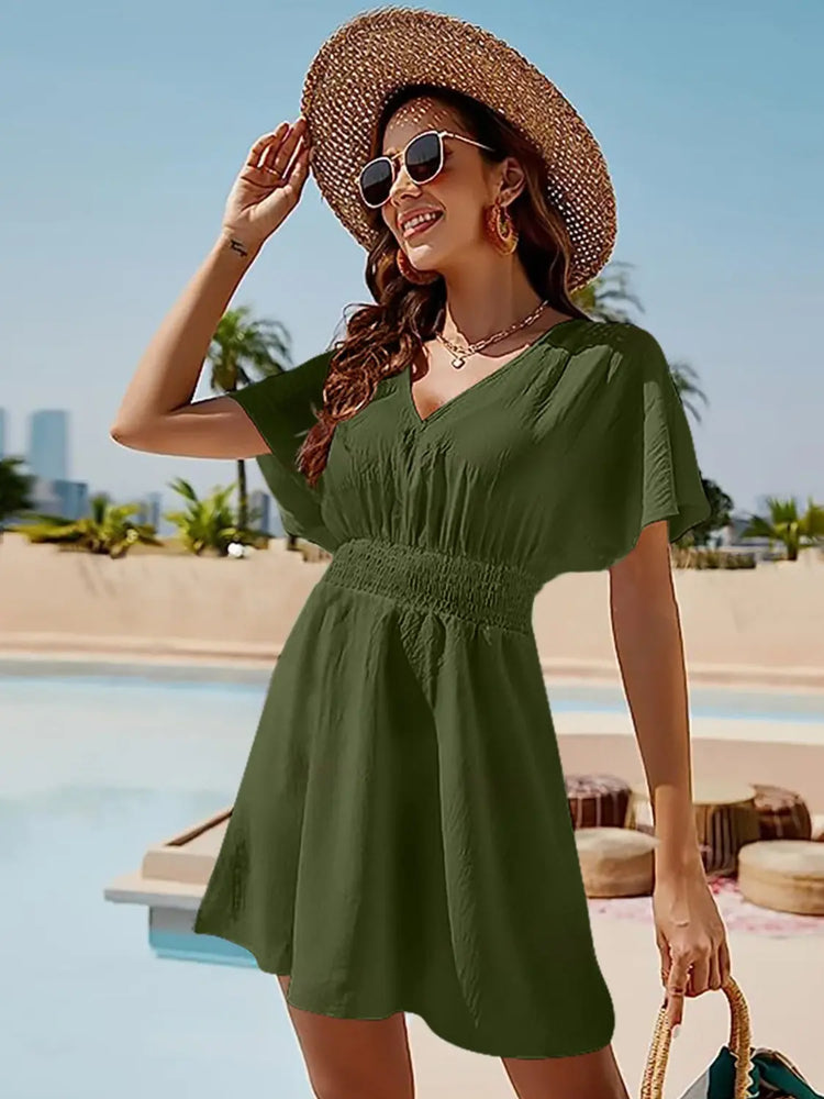 Smocked V-Neck Short Sleeve Dress STYLE SOURCE