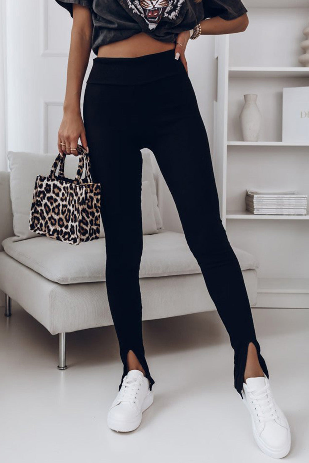 High Waist Ribbed Slit Leggings STYLE SOURCE