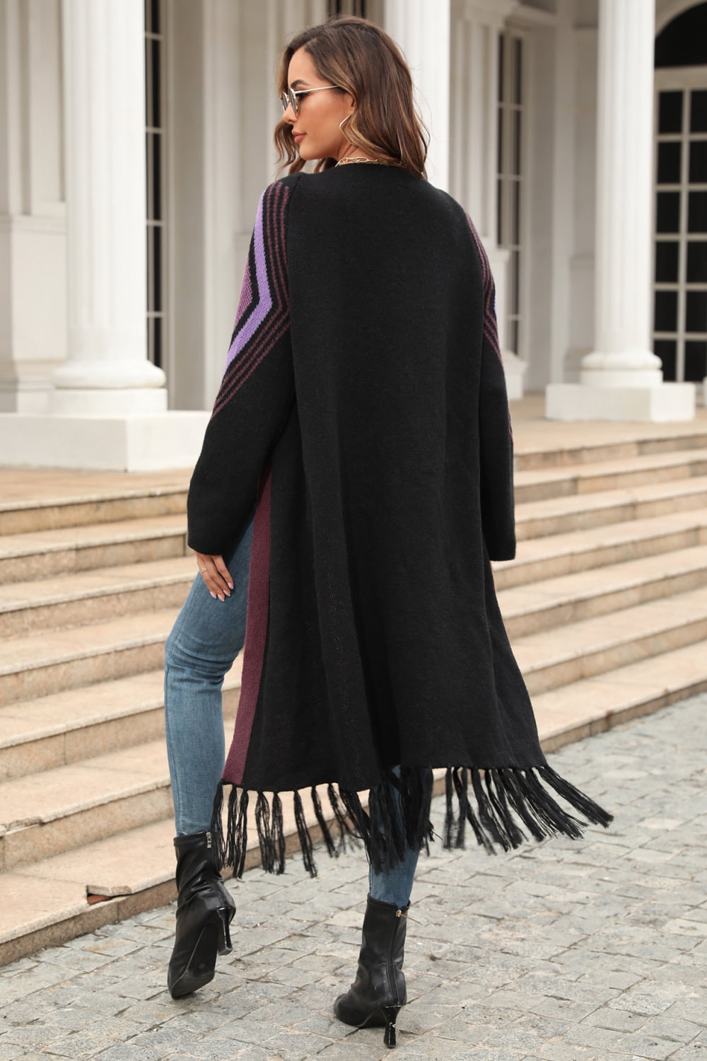 Double Take Geometric Fringe Hem Open Front Duster Cardigan STYLE SOURCE