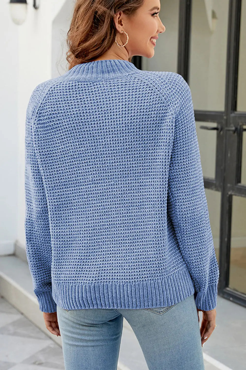Waffle-Knit Round Neck Reglan Sleeve Sweater STYLE SOURCE