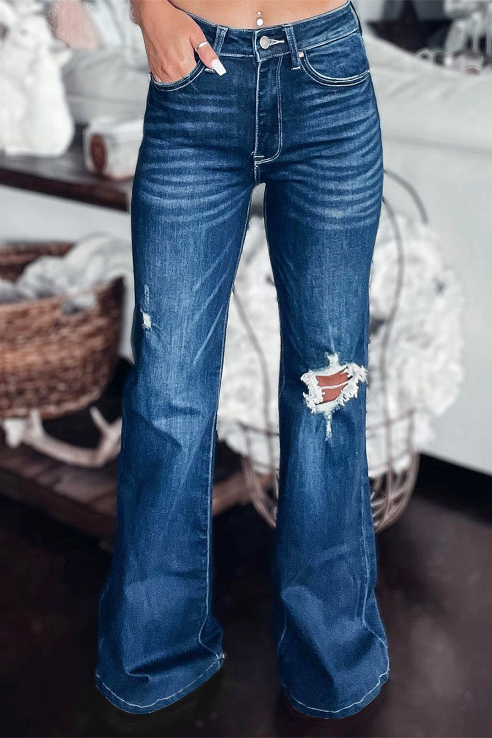 Asymmetrical Open Knee High Rise Flare Jeans STYLE SOURCE