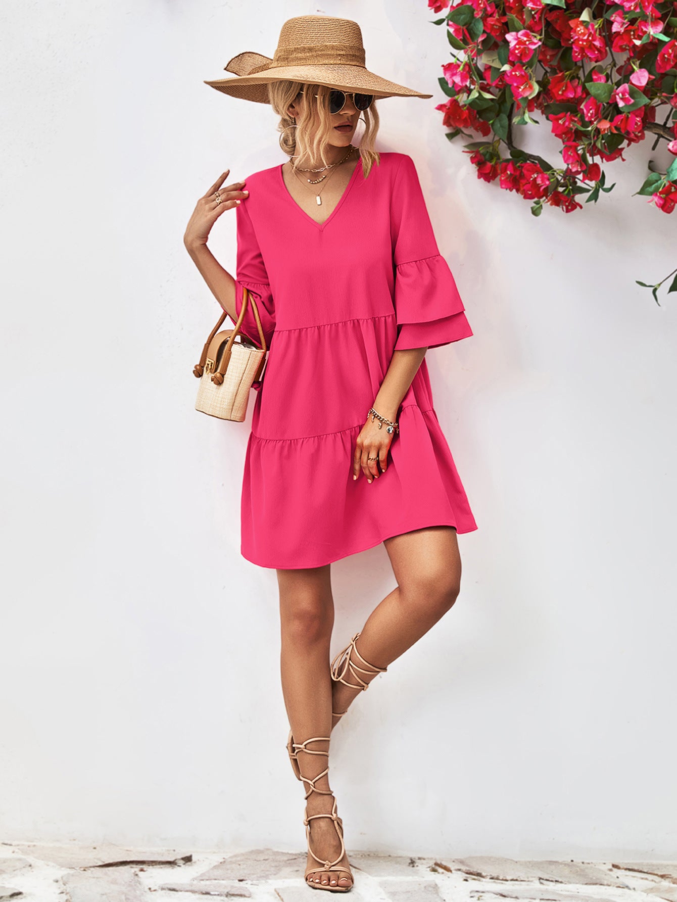 V-Neck Flare Sleeve Mini Dress STYLE SOURCE