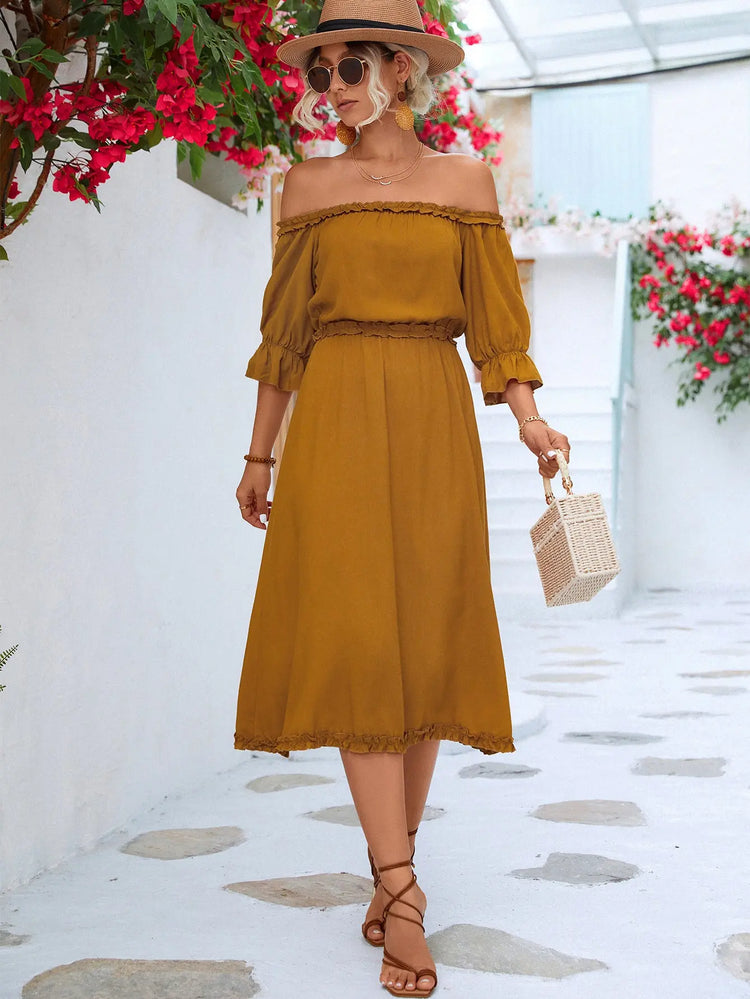 Frilled Off-Shoulder Flounce Sleeve Dress STYLE SOURCE