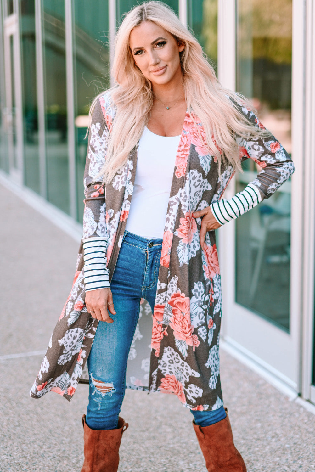 Stripe Detail Sleeve Floral Print Cardigan STYLE SOURCE