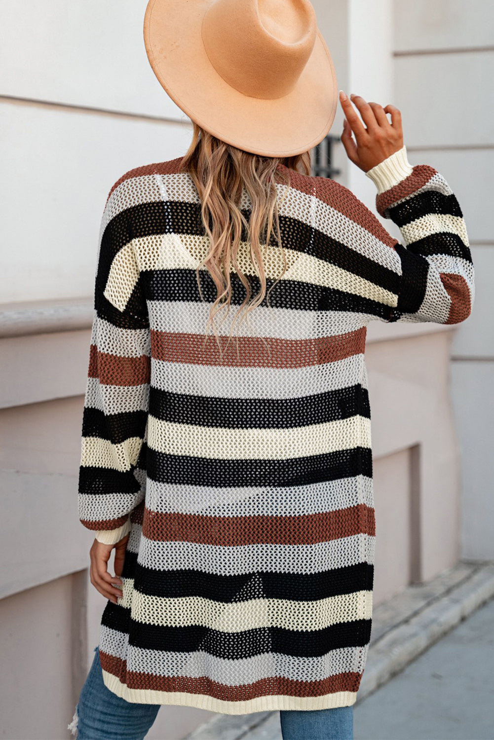 Full Size Striped Long Sleeve Openwork Cardigan STYLE SOURCE