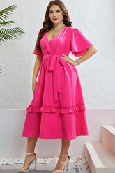 Belted Frill Trim Flutter Sleeve Dress STYLE SOURCE
