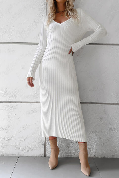 V-Neck Long Sleeve Ribbed Sweater Dress STYLE SOURCE