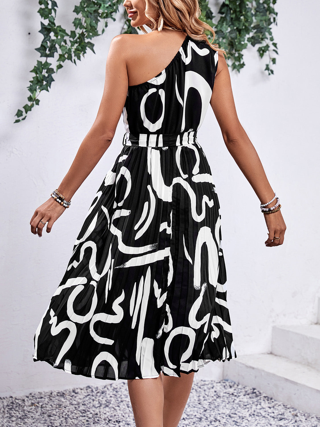 Printed Single Shoulder Tie Waist Dress STYLE SOURCE