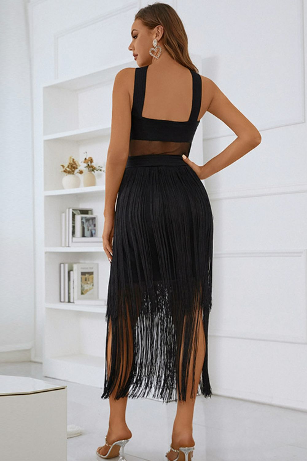 Spliced Mesh Fringe Hem Sleeveless Dress STYLE SOURCE