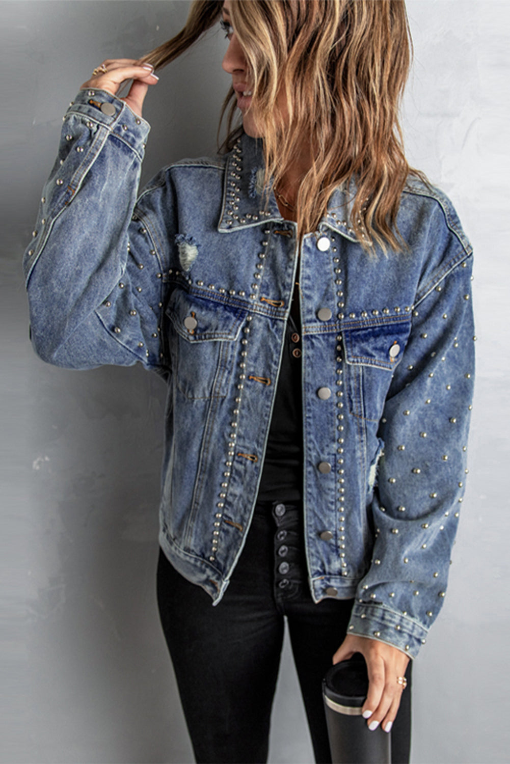 Studded Button Down Denim Jacket STYLE SOURCE