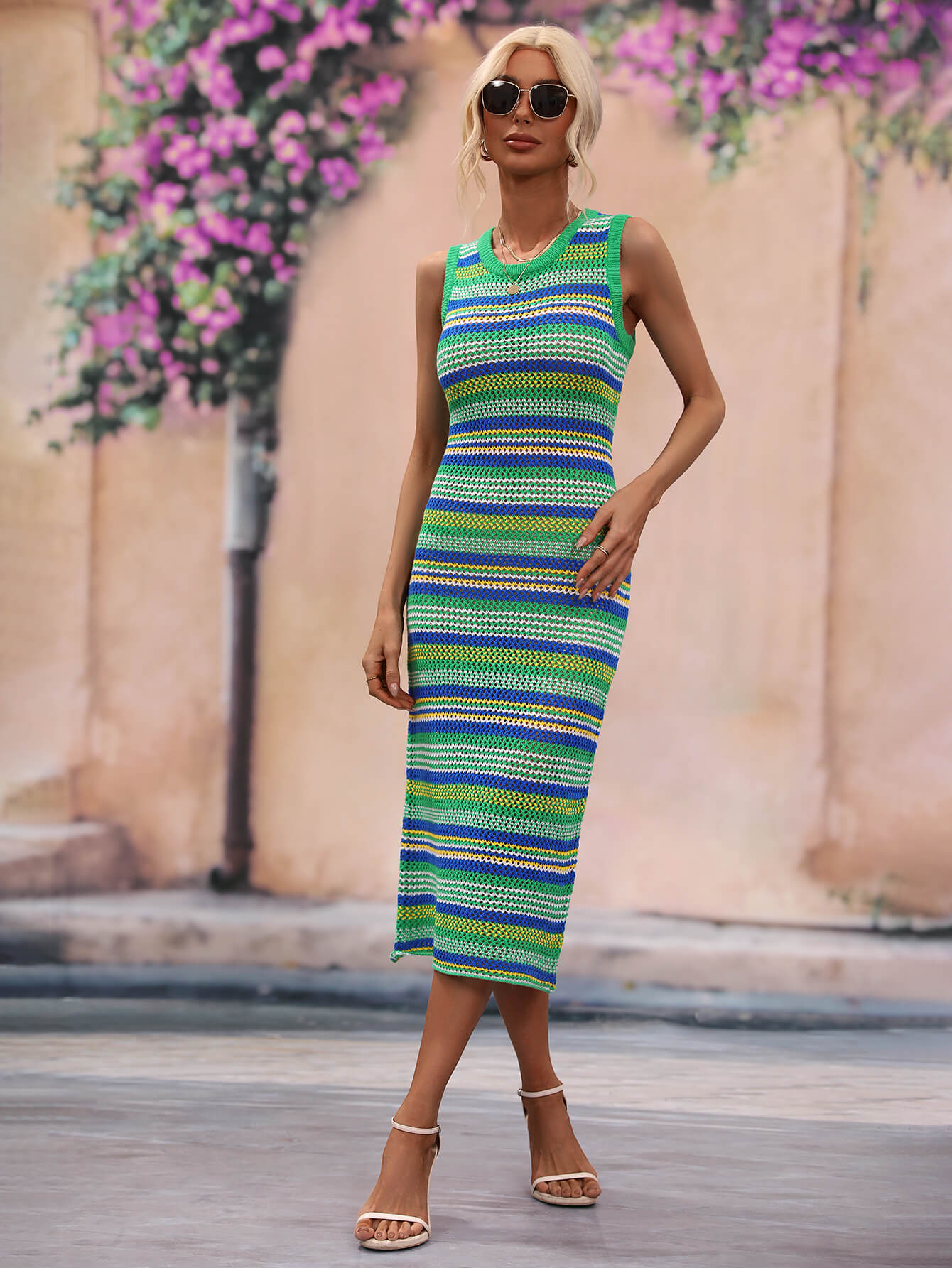 Striped Round Neck Sleeveless Midi Cover Up Dress STYLE SOURCE