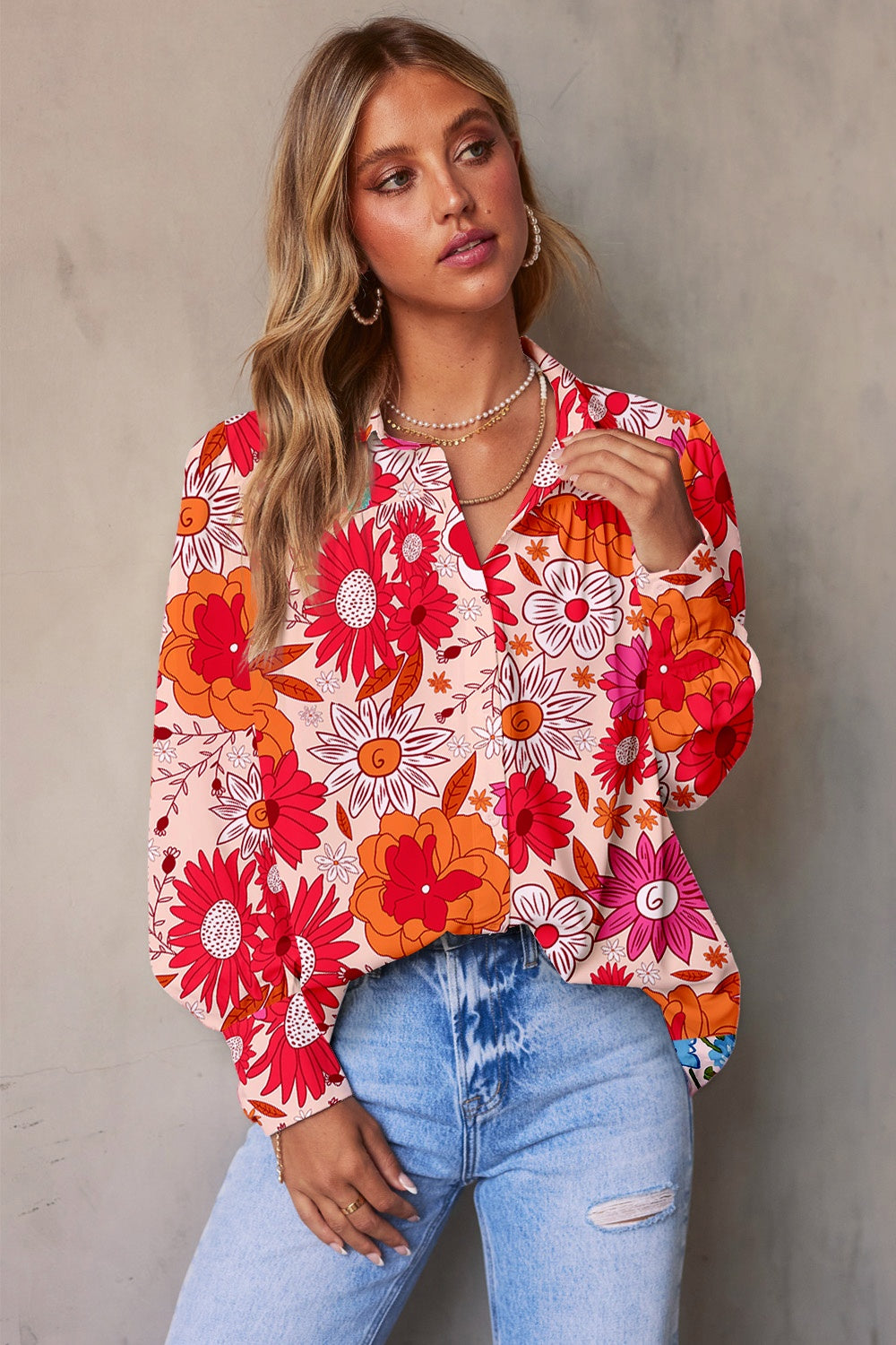 Printed Collared Neck Long Sleeve Shirt STYLE SOURCE