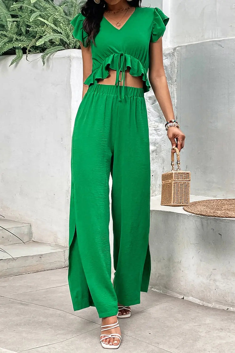 V-Neck Ruffle Hem Top and Slit Pants Set STYLE SOURCE