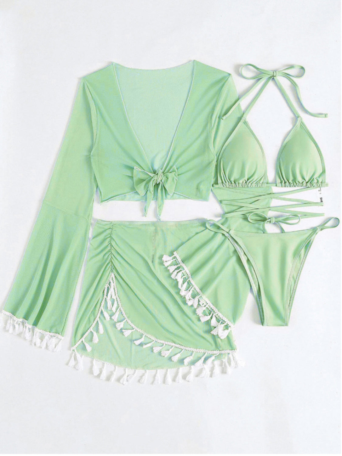 Halter Neck Bra, Bottom, Tassel Flare Sleeve Cover-Up and Skirt Four-Piece Swim Set STYLE SOURCE