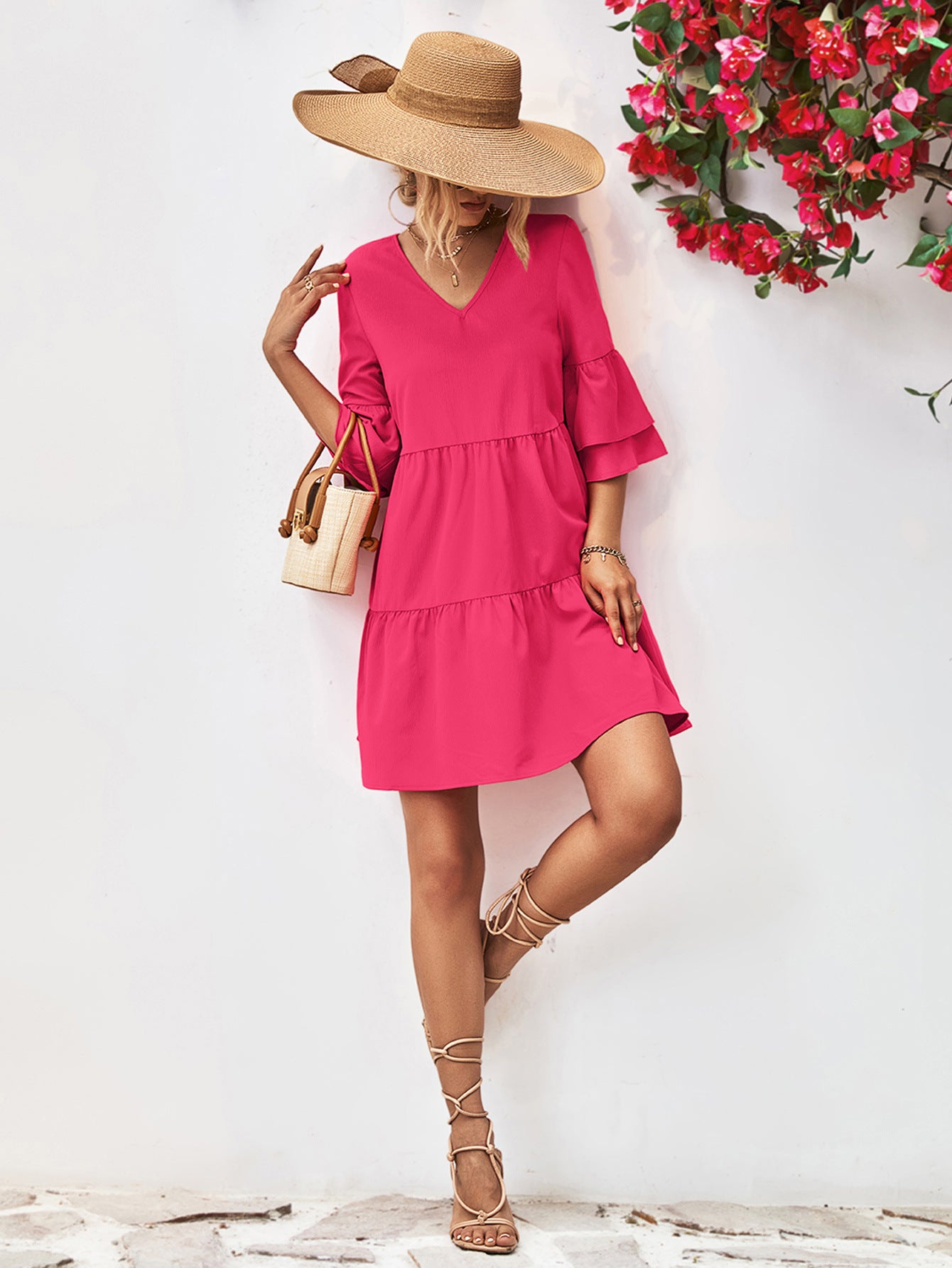 V-Neck Flare Sleeve Mini Dress STYLE SOURCE