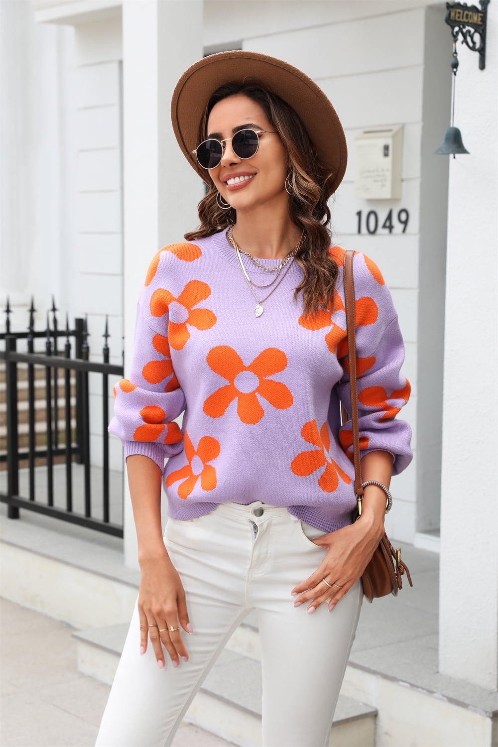 Floral Print Round Neck Dropped Shoulder Pullover Sweater STYLE SOURCE