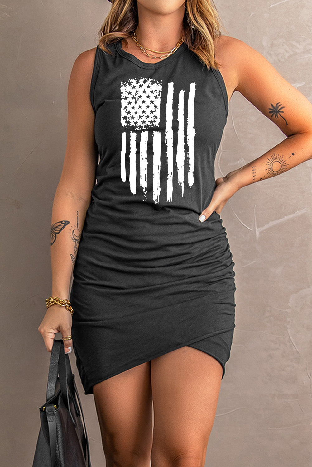 US Flag Graphic Tulip Hem Ruched Sleeveless Dress STYLE SOURCE