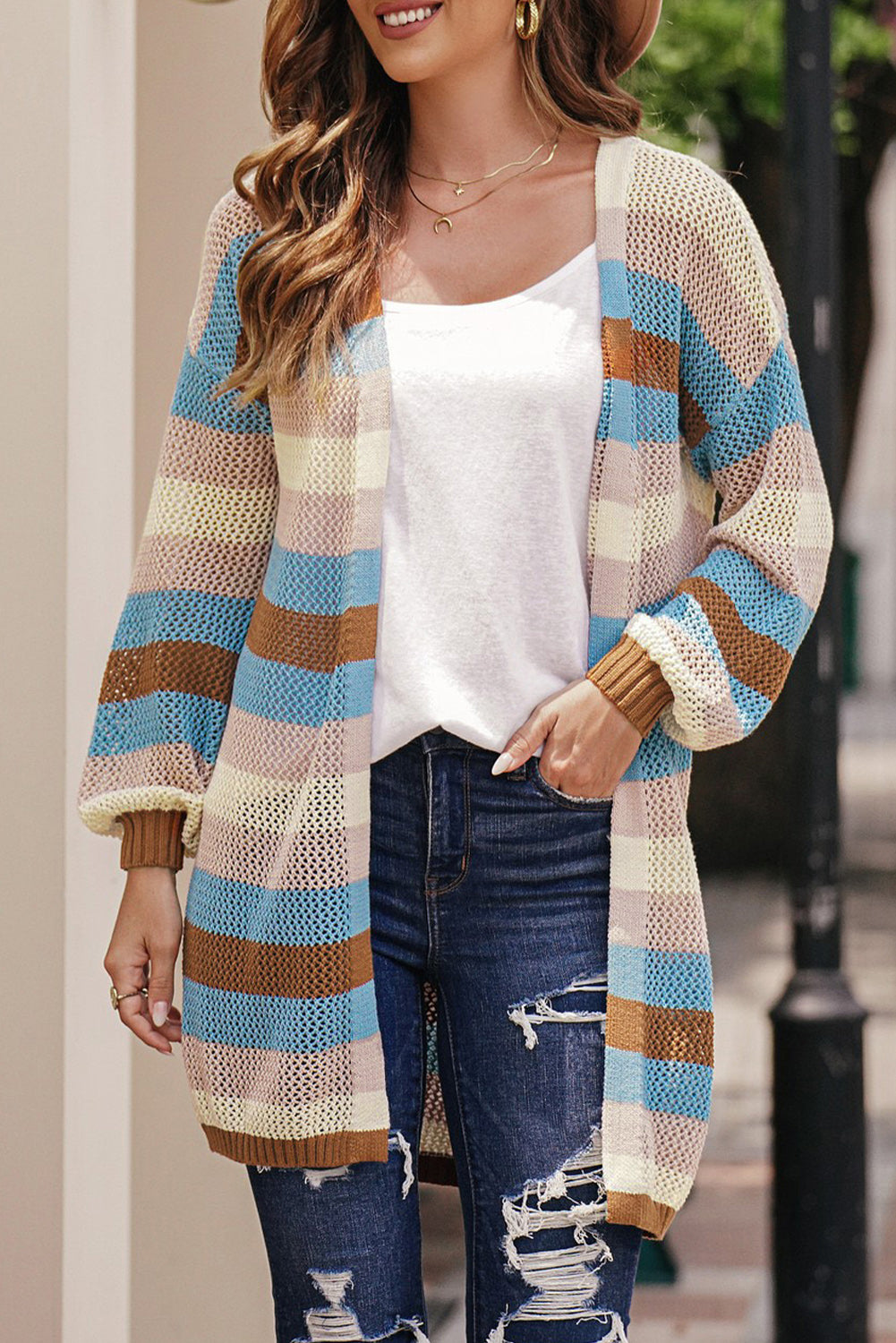 Full Size Striped Long Sleeve Openwork Cardigan STYLE SOURCE