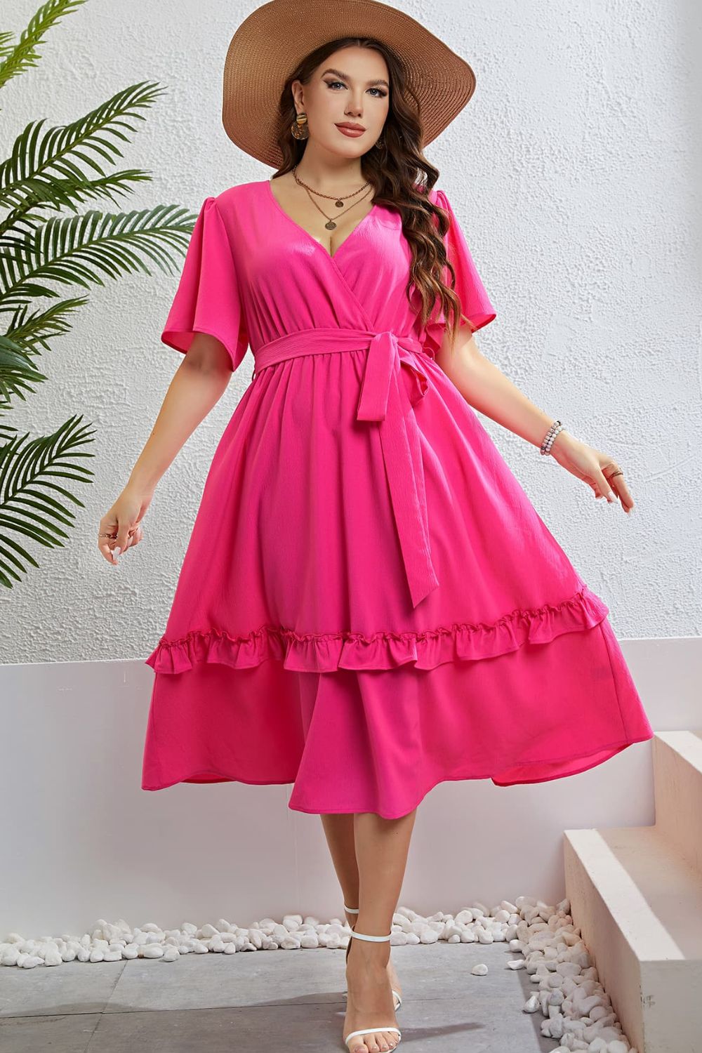 Belted Frill Trim Flutter Sleeve Dress STYLE SOURCE