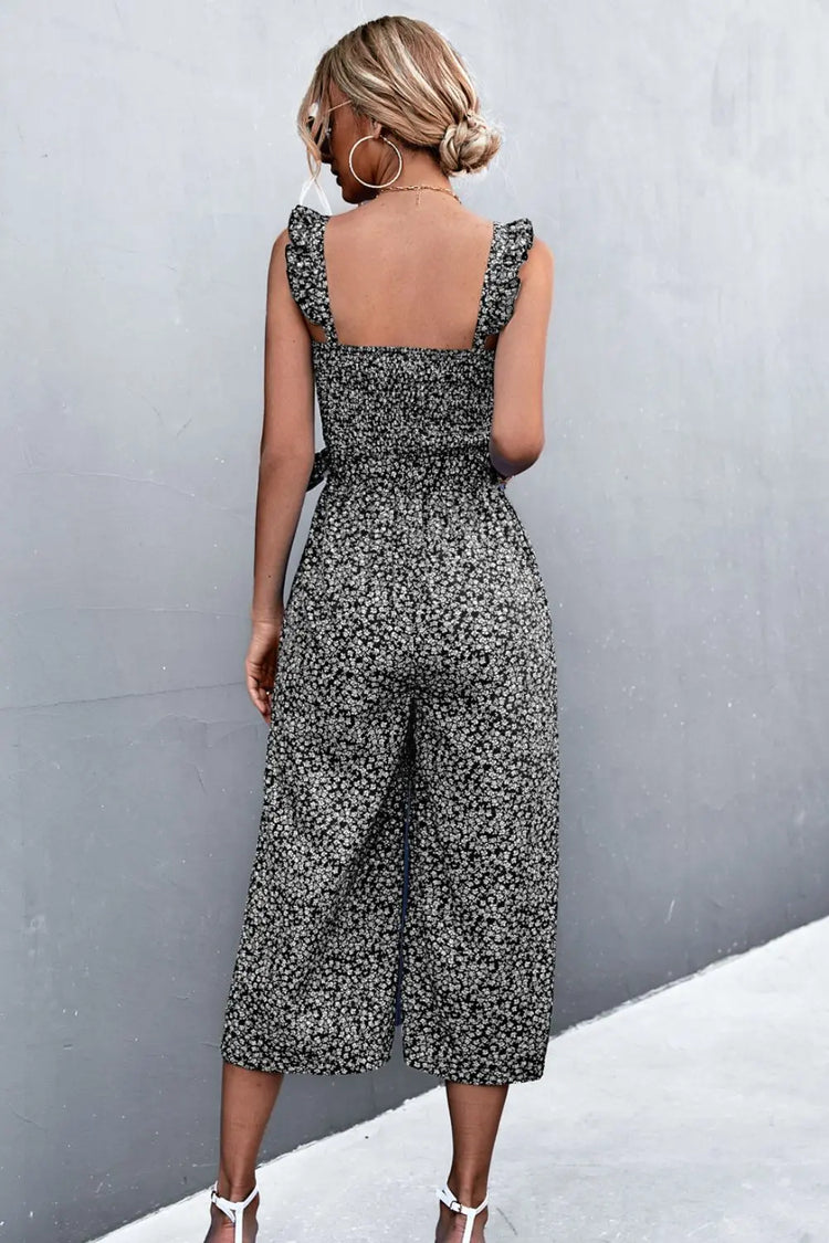 Printed Ruffle Strap Smocked Belted Jumpsuit STYLE SOURCE