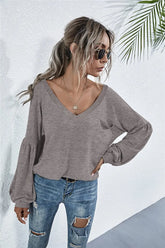 V-Neck Long Sleeve Dropped Shoulder Knit Top STYLE SOURCE