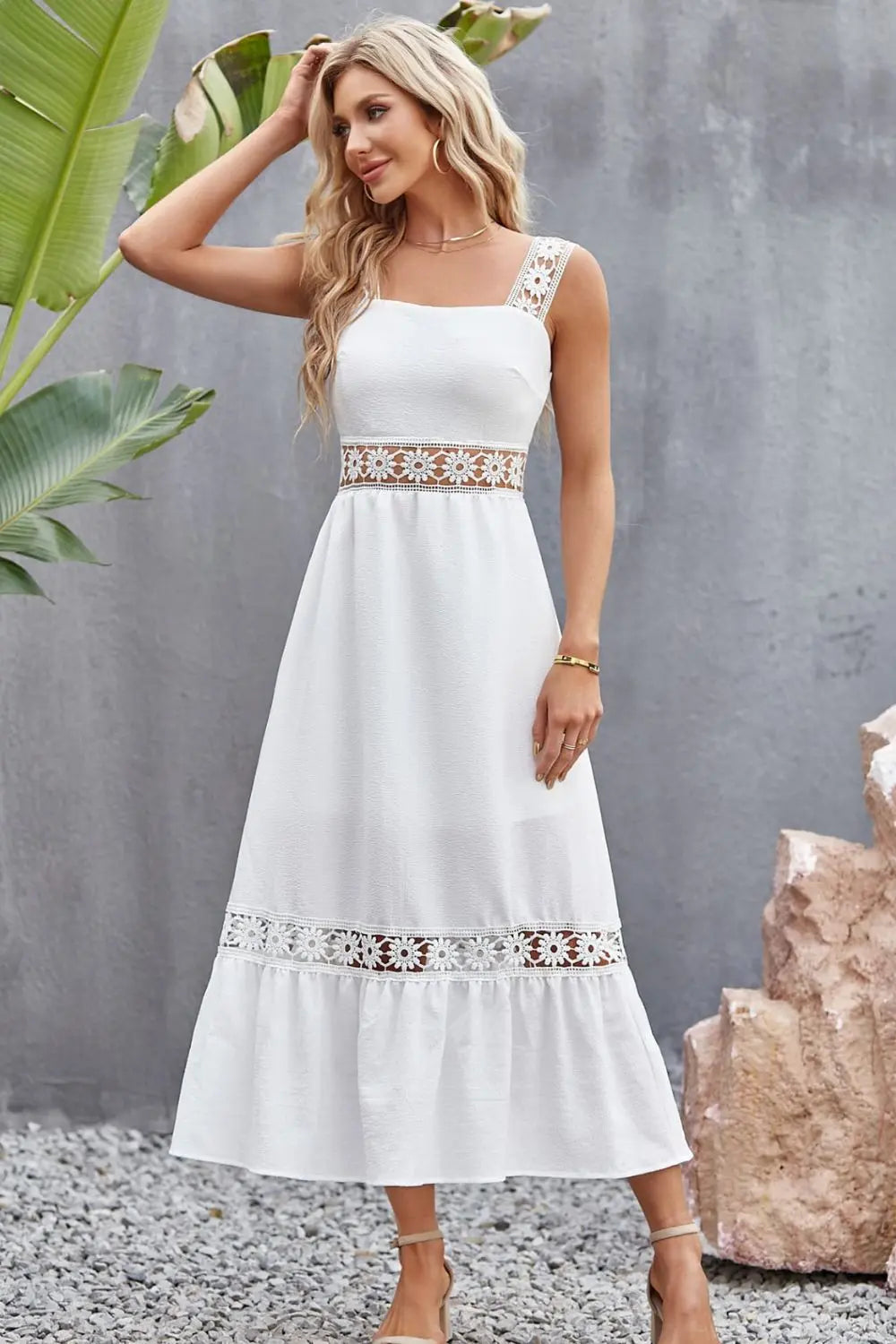 Spliced Lace Square Neck Sleeveless Midi Dress STYLE SOURCE