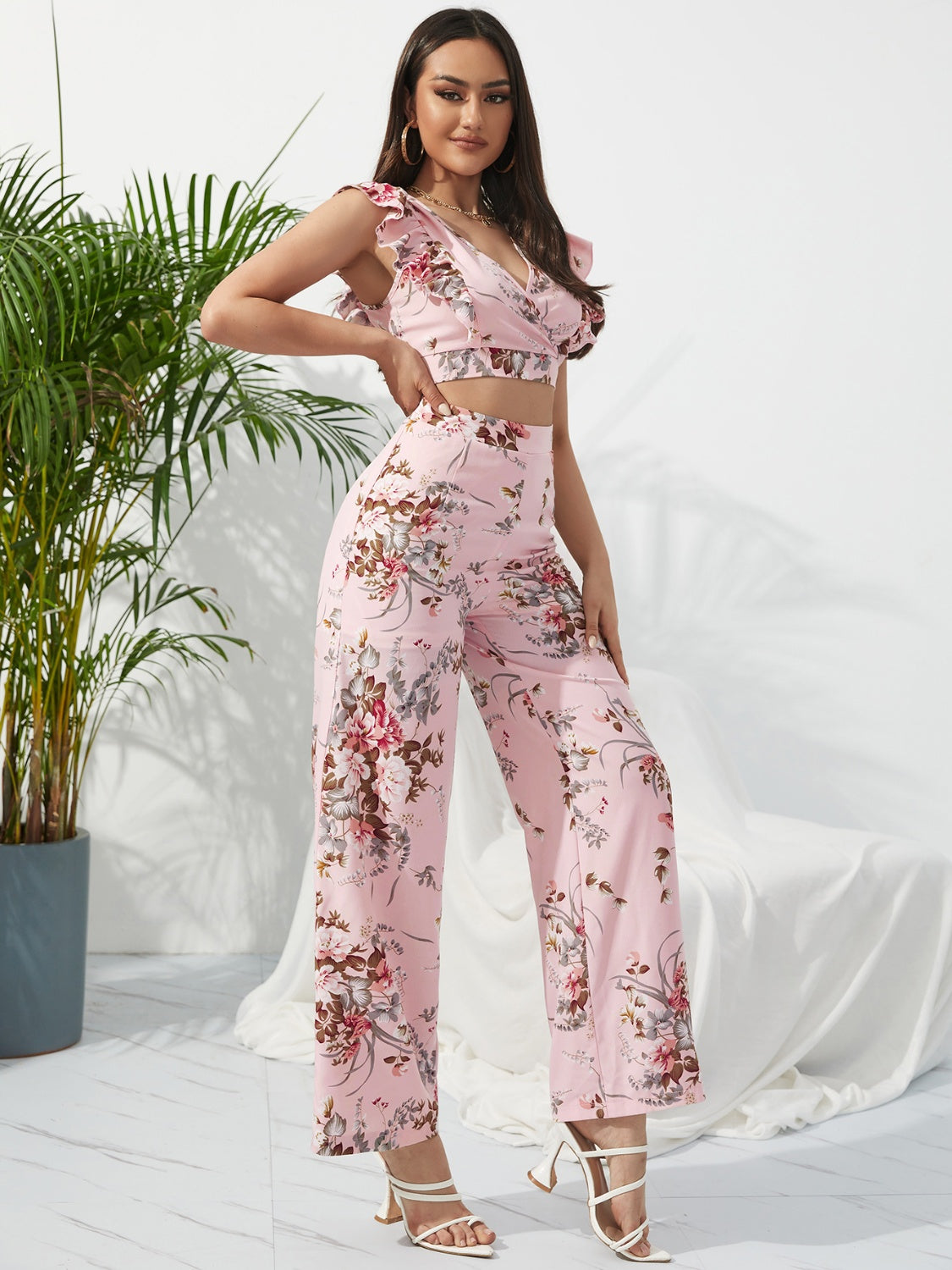 Printed Surplice Cap Sleeve Top and Pants Set STYLE SOURCE