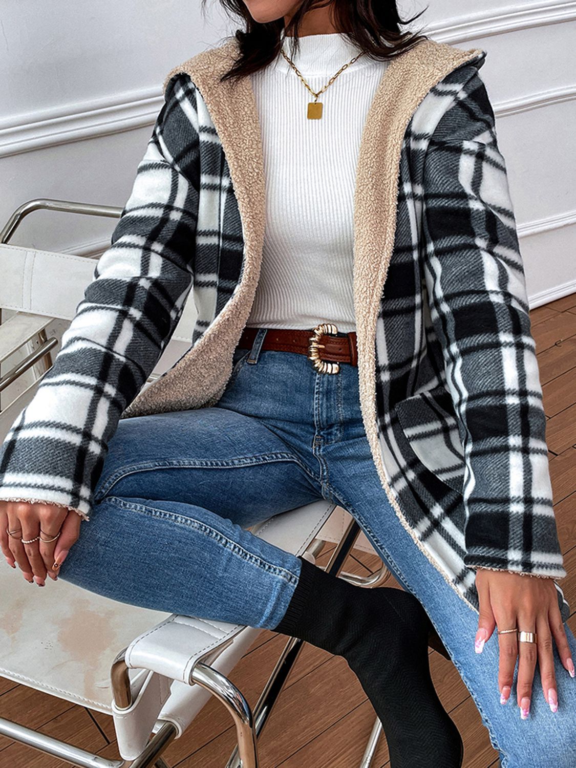 Plaid Hooded Longline Coat STYLE SOURCE