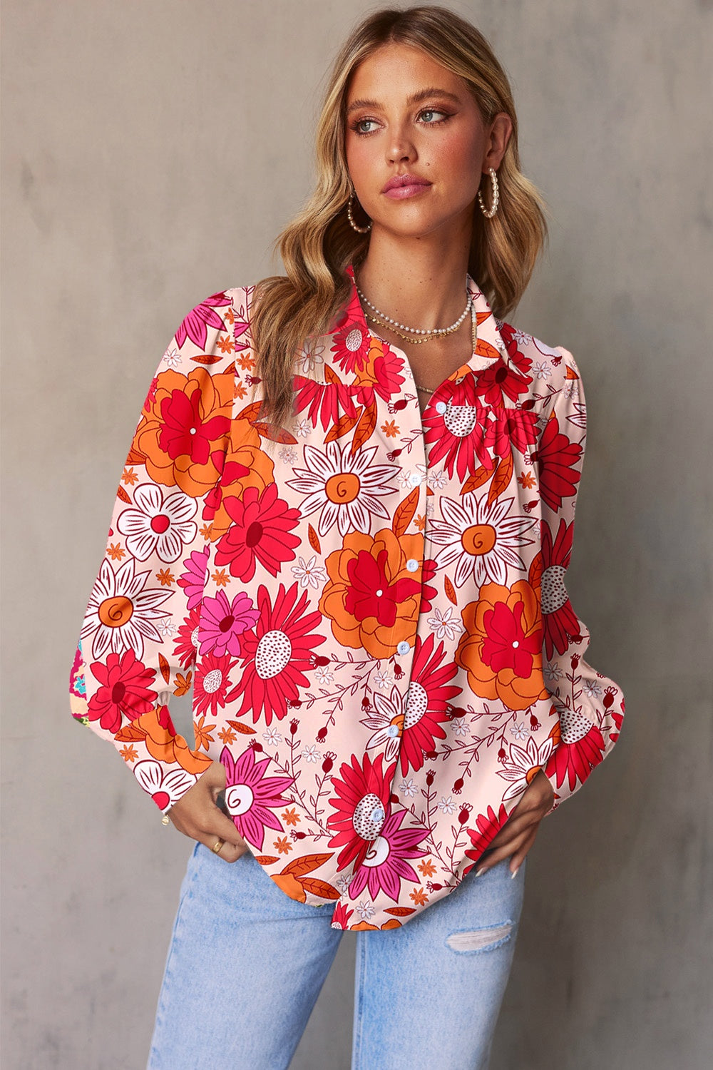 Printed Collared Neck Long Sleeve Shirt STYLE SOURCE