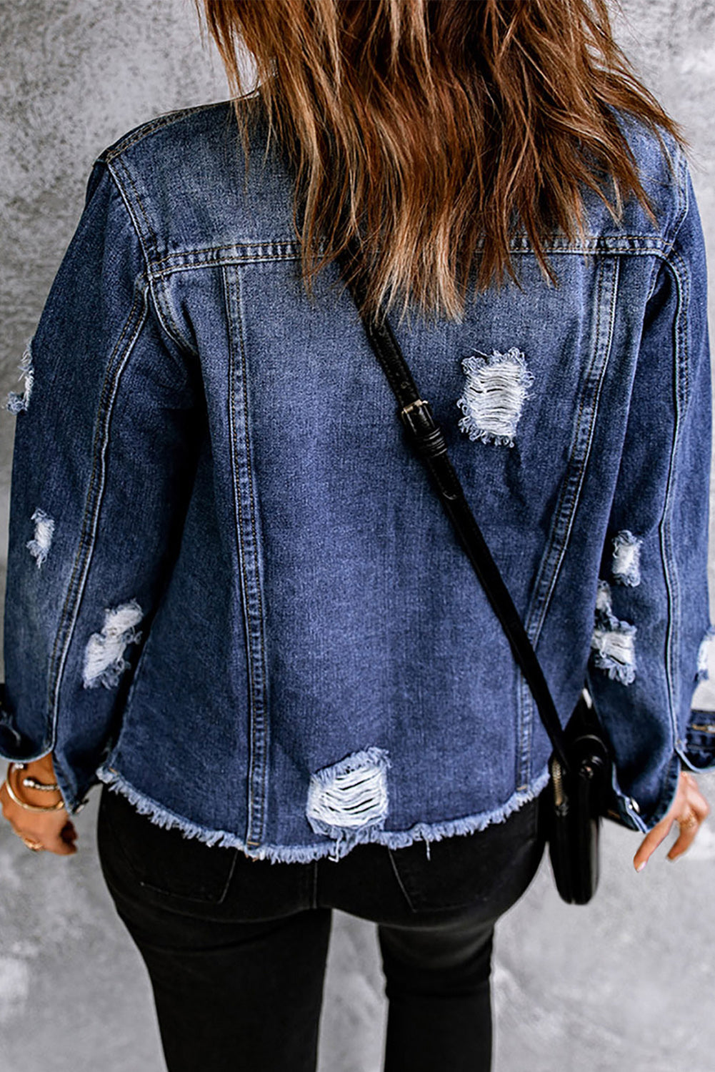 Mixed Print Distressed Button Front Denim Jacket STYLE SOURCE