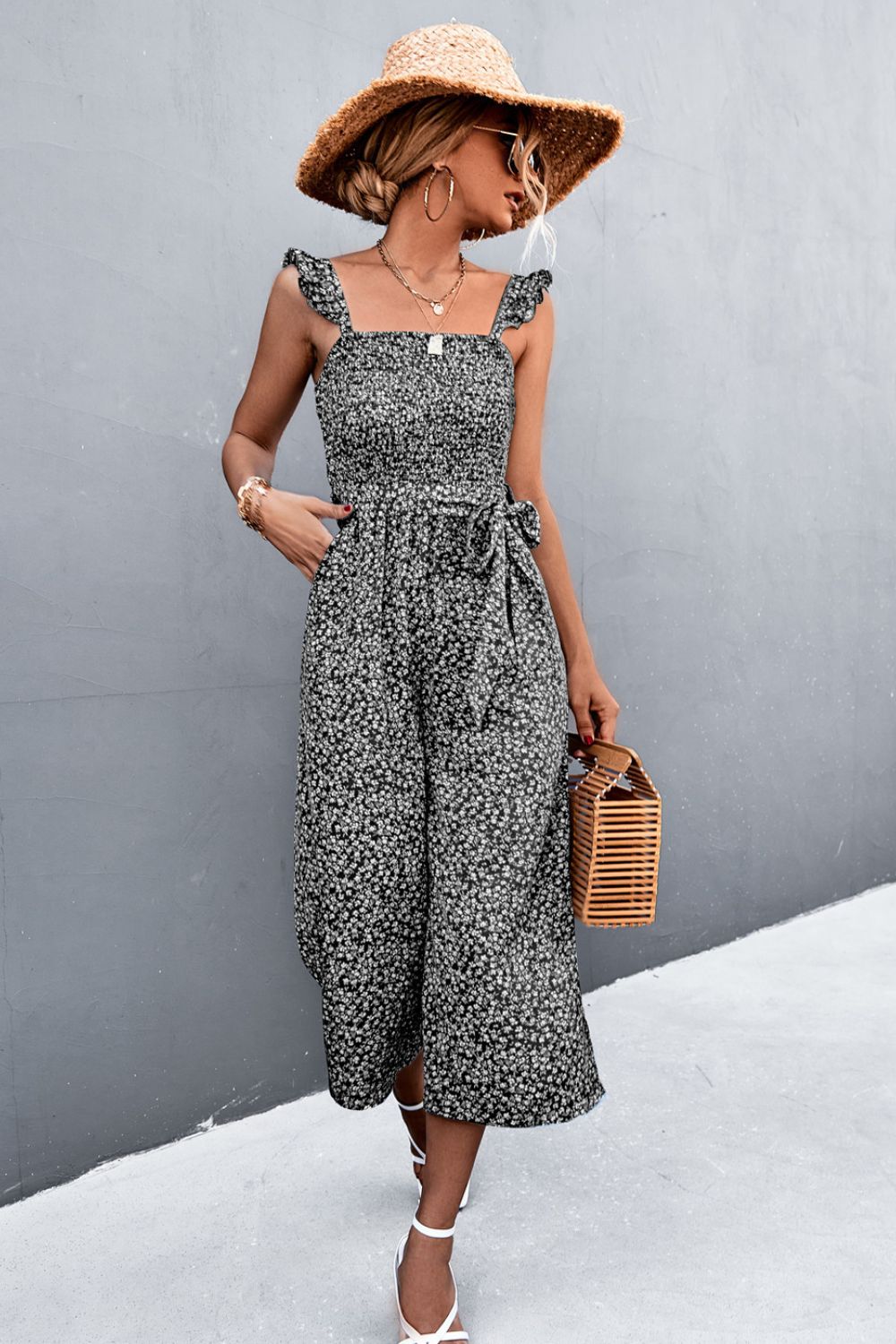 Printed Ruffle Strap Smocked Belted Jumpsuit STYLE SOURCE