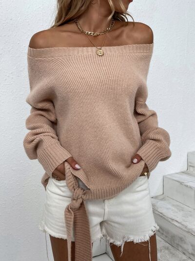 Ribbed Tied Off-Shoulder Sweater STYLE SOURCE