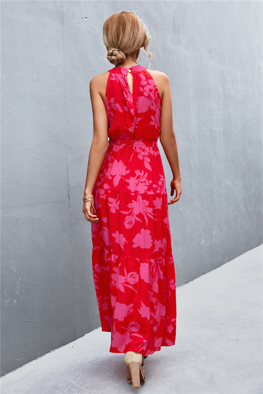 Printed Sleeveless Tie Waist Maxi Dress STYLE SOURCE