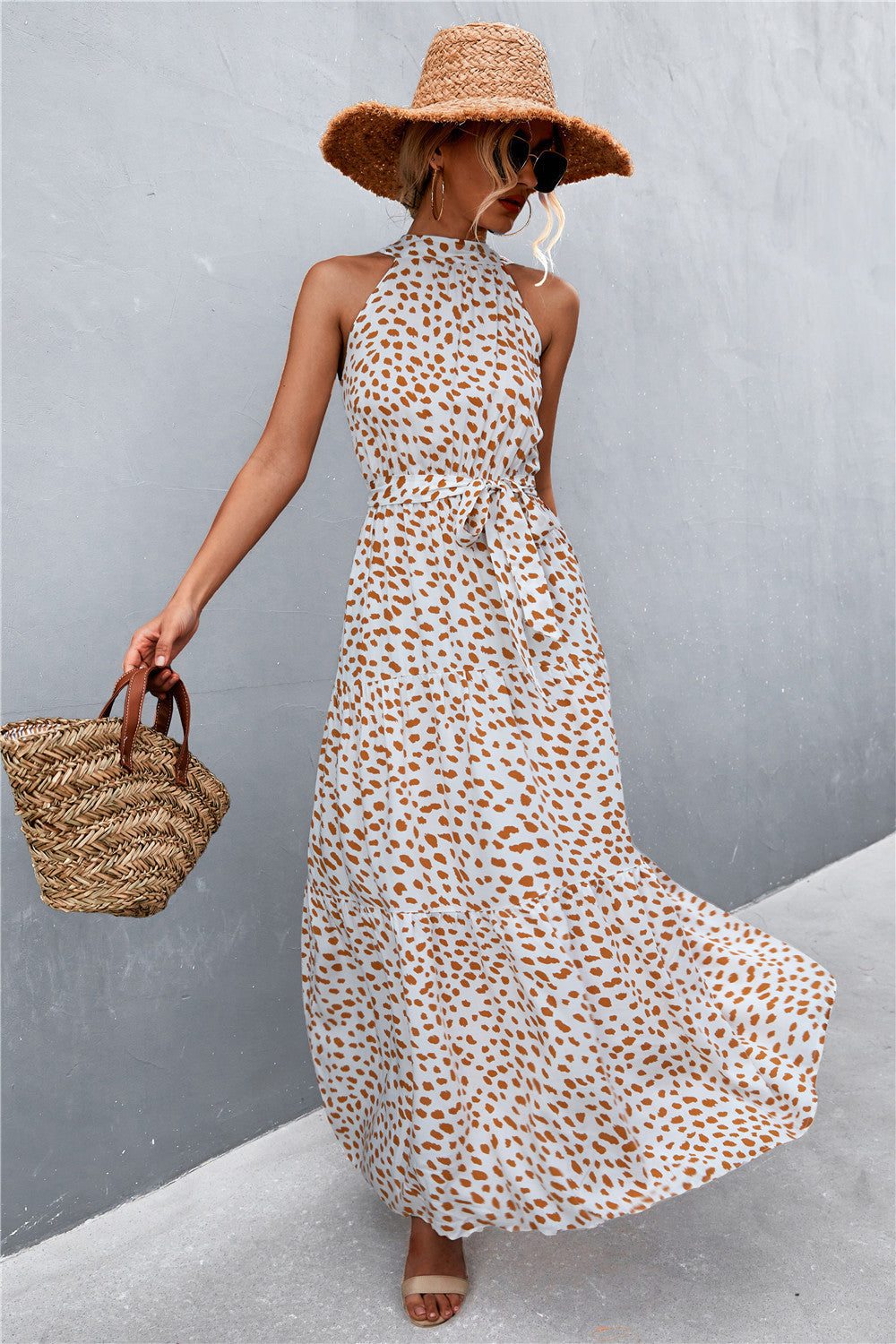 Printed Sleeveless Tie Waist Maxi Dress STYLE SOURCE