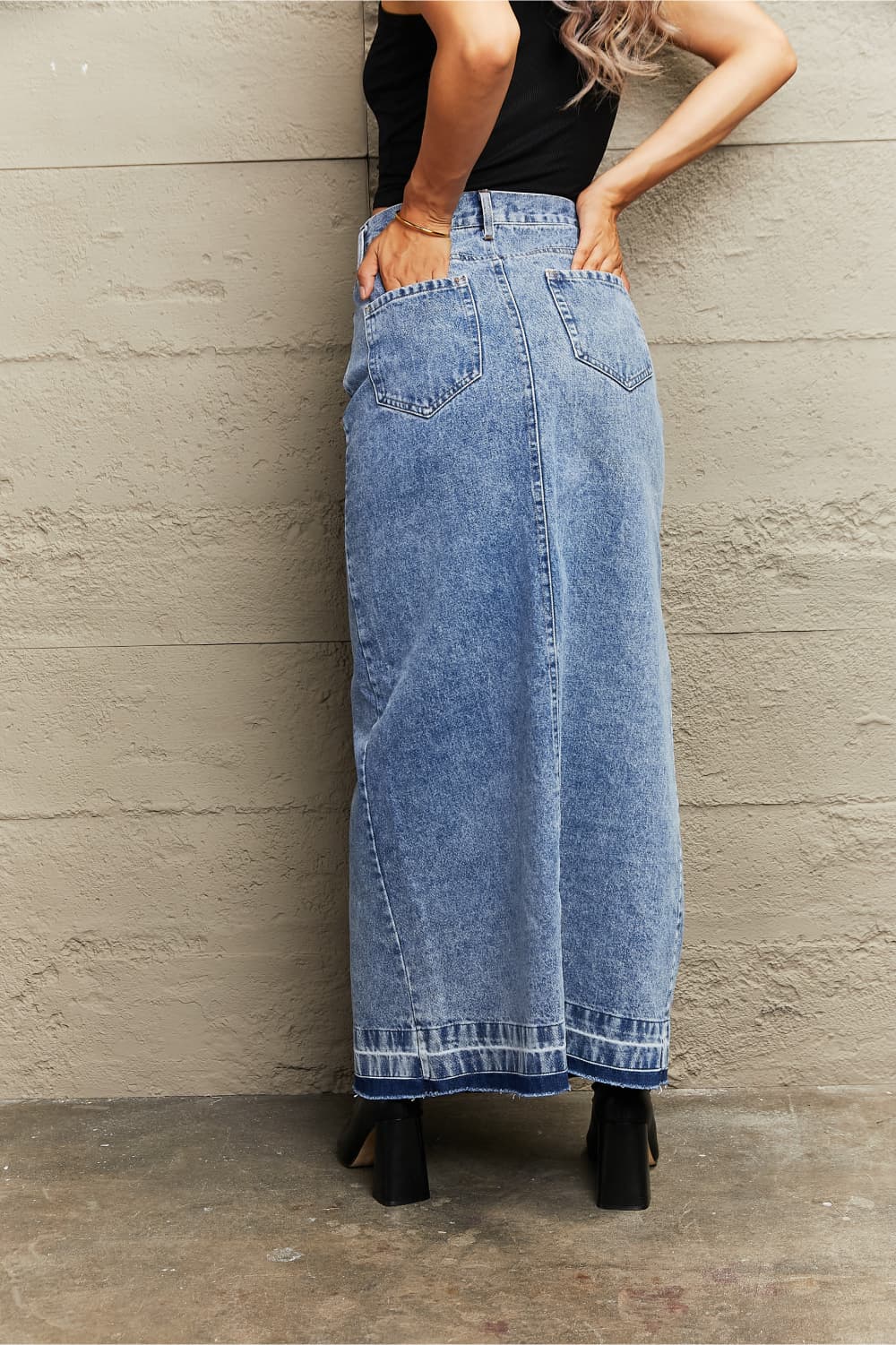 Front Slit Maxi Denim Skirt STYLE SOURCE