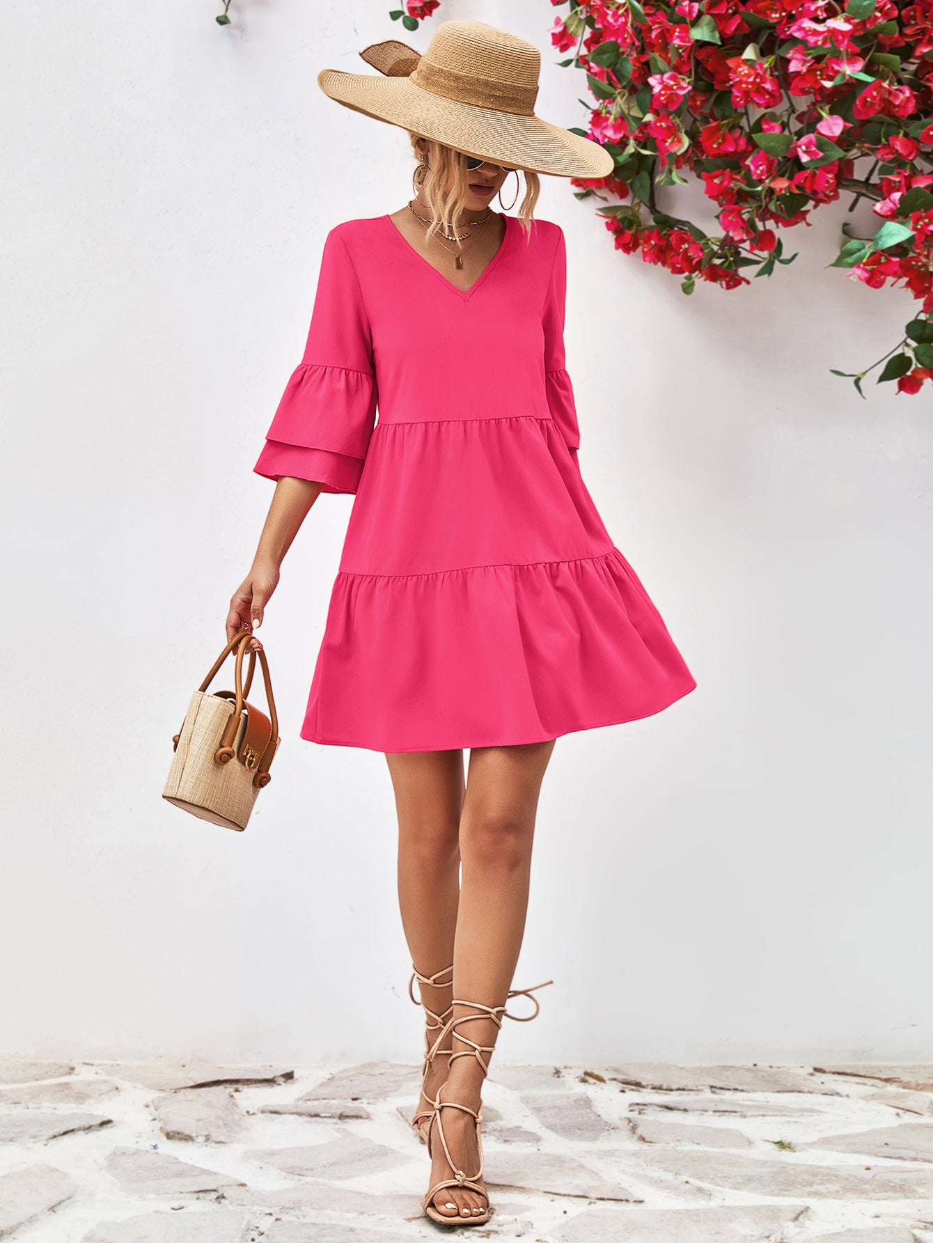 V-Neck Flare Sleeve Mini Dress STYLE SOURCE