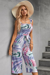 Printed Ruffle Strap Smocked Belted Jumpsuit STYLE SOURCE